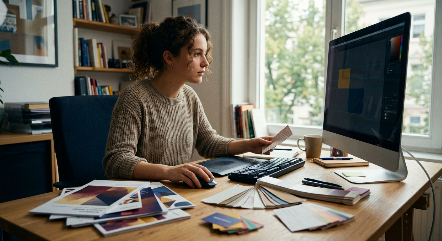 graphic designer reviewing print order specifications on a computer screen, with flyer samples and paper swatches on the desk, natural office lighting