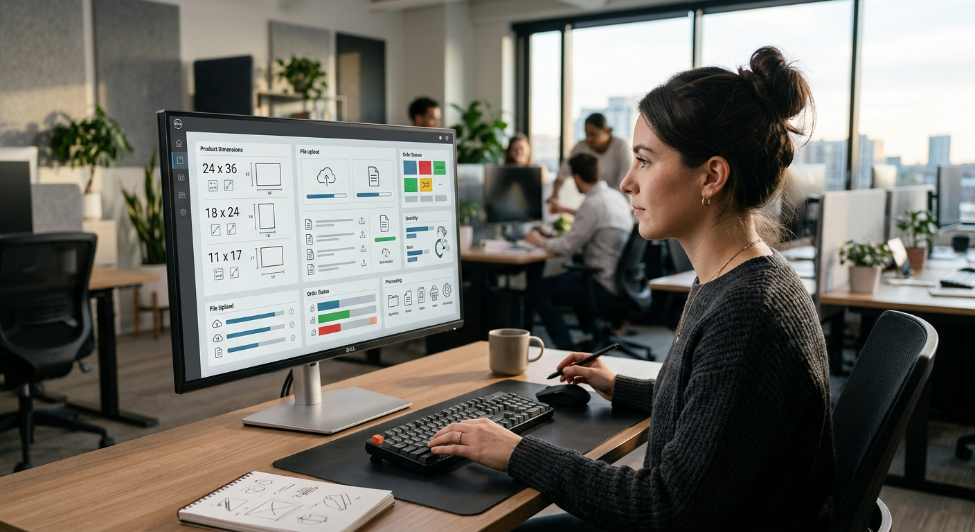 a graphic designer reviewing a print order dashboard on a computer screen, with product dimensions and file upload fields visible, modern office setting